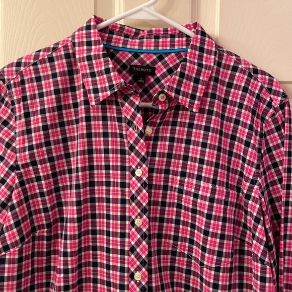 NWOT Talbots Plaid Blouse Pink Black White Button Down Roll up Sleeves WM SZ L - Picture 3 of 12